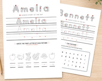 Könnte beinhalten: Zwei weiße pädagogische Übungsblätter mit den Namen Amelia und Bennett in schwarzer Umriss-Schrift, ergänzt durch Richtungspfeile und rote Punkte zur Schreibführung. Die Seiten enthalten Linien zum Nachspuren und Aktivitätsbereiche.