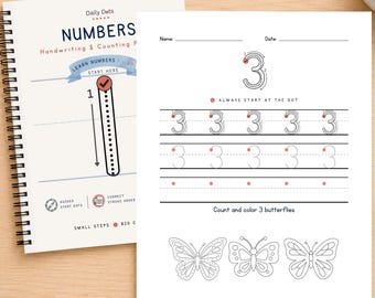 Könnte beinhalten: Ein spiralgebundenes Arbeitsheft mit dem Titel Daily Dots Numbers Handwriting & Counting Practice, das eine Seite mit der Zahl 3, Nachspurzeilen und drei Schmetterlingsumrissen zum Ausmalen sowie Anweisungen zum Start am Punkt enthält.