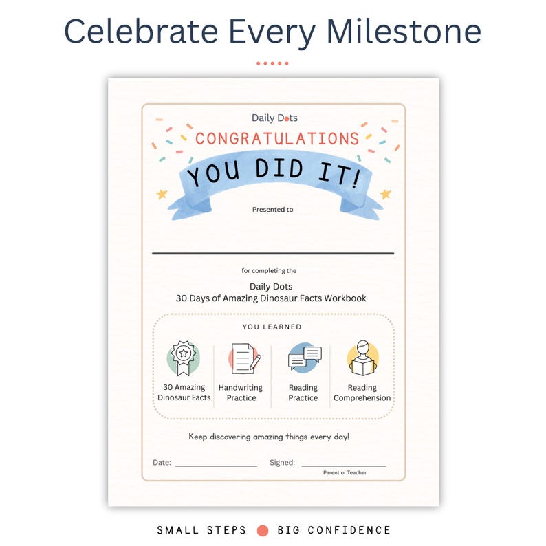 May include: A certificate titled Celebrate Every Milestone featuring the text CONGRATULATIONS YOU DID IT! for completing the Daily Dots 30 Days of Amazing Dinosaur Facts Workbook, with icons for dinosaur facts, handwriting, reading, and comprehension.