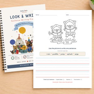 Könnte beinhalten: Ein spiralgebundenes Arbeitsheft mit dem Titel Daily Dots Look & Write Sentence Writing Practice mit einem bunten Einband mit Zeichentrickhunden und Luftballons sowie einem Arbeitsblatt mit zwei Schweinen in Regenmänteln in einer Pfütze.