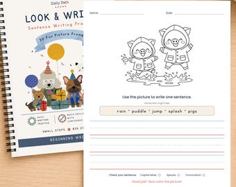 Könnte beinhalten: Ein spiralgebundenes Arbeitsheft mit dem Titel Daily Dots Look & Write Sentence Writing Practice mit einem bunten Einband mit Zeichentrickhunden und Luftballons sowie einem Arbeitsblatt mit zwei Schweinen in Regenmänteln in einer Pfütze.