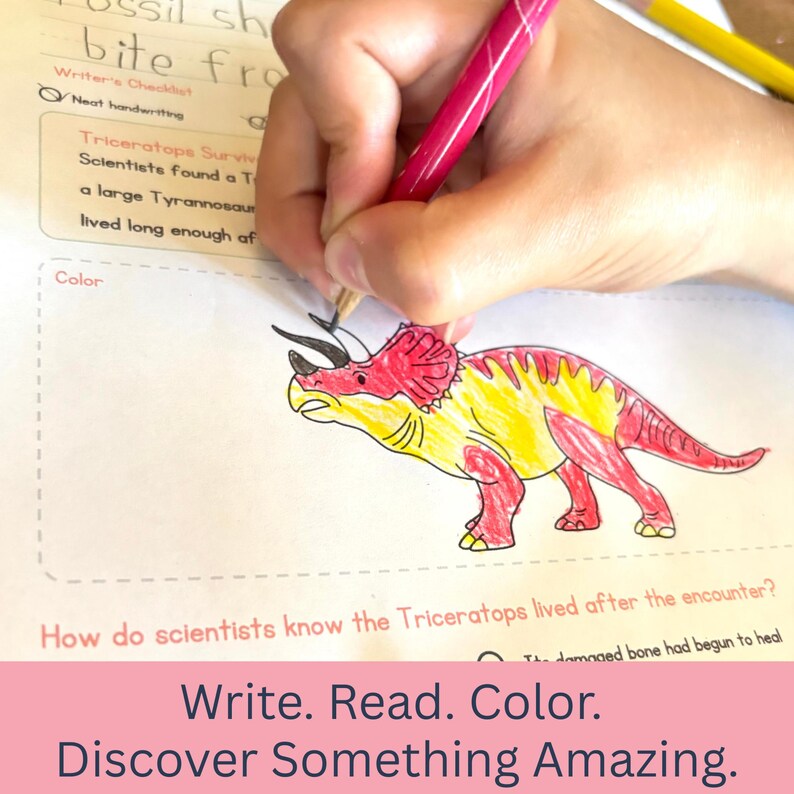 May include: A worksheet page featuring a partially colored drawing of a triceratops in red and yellow. The text includes 'Triceratops Survival', 'Scientists found a T', 'a large Tyrannosaurus', and 'How do scientists know the Triceratops lived after the encounter?'