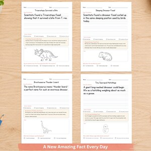 May include: Four educational worksheets featuring dinosaur themes titled Triceratops Survived a Bite, Sleeping Dinosaur Fossil, Brontosaurus Thunder Lizard, and Tiny Sauropod Hatchlings. Each page includes writing lines, facts, and line art illustrations.