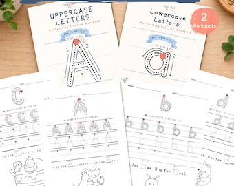 Könnte beinhalten: Ein Alphabet-Arbeitsbuch-Set mit zwei Handschriften-Übungsheften mit dem Titel Uppercase Letters und Lowercase Letters. Die Seiten enthalten gepunktete Buchstaben-Nachspurhilfen, nummerierte Strichrichtungen und schwarz-weiße Tierillustrationen.
