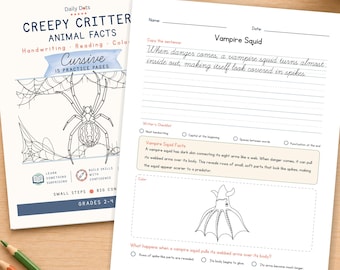 Könnte beinhalten: Ein Daily Dots Lernheft mit dem Titel Creepy Critter Animal Facts, das eine Spinnenillustration und eine Übungsseite über den Vampirtintenfisch mit Schreibschriftlinien, einem Faktenkasten, einem Ausmalbereich und Multiple-Choice-Fragen enthält.