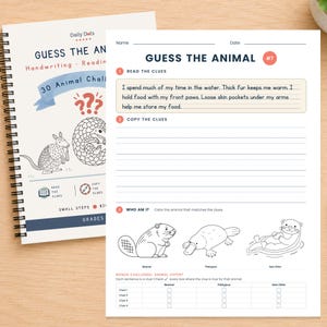 May include: A spiral-bound workbook titled Daily Dots Guess the Animal with a 30 Animal Challenge, featuring a worksheet with the heading Guess the Animal #7, reading clues about an animal, writing lines, and illustrations of a beaver, platypus, and sea otter.