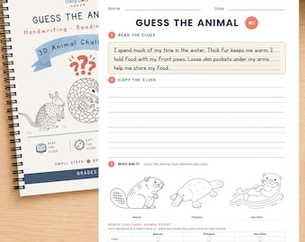 Könnte beinhalten: Ein spiralgebundenes Arbeitsheft mit dem Titel Daily Dots Guess the Animal mit einer 30-Tiere-Herausforderung, das ein Arbeitsblatt mit der Überschrift Guess the Animal #7, Lesehinweise, Schreibzeilen und Illustrationen von Biber, Schnabeltier und Seeotter enthält.