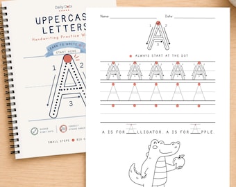 Könnte beinhalten: Ein spiralgebundenes Handschriften-Übungsheft mit dem Titel UPPERCASE LETTERS, das auf einer Seite den Buchstaben A mit Richtungspfeilen, nummerierten Strichen und dem Satz A IS FOR ALLIGATOR. A IS FOR APPLE sowie eine Alligator-Illustration zeigt.