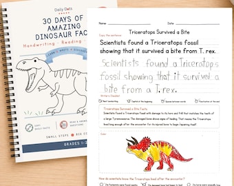 Könnte beinhalten: Ein spiralgebundenes Lernheft mit dem Titel 30 Days of Amazing Dinosaur Facts mit einer Strichzeichnung eines T. rex auf dem Umschlag, gepaart mit einem Arbeitsblatt mit einem handgeschriebenen Satz über einen Triceratops und dessen farbiger Abbildung.