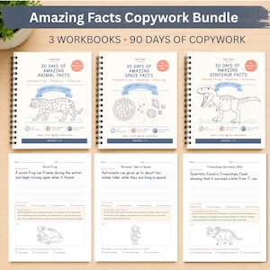 May include: A bundle of three spiral-bound workbooks titled Amazing Facts Copywork Bundle, featuring 30 Days of Amazing Animal Facts, Space Facts, and Dinosaur Facts. Each workbook includes handwriting, reading, and coloring pages with illustrations.