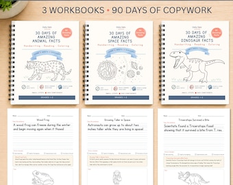 Könnte beinhalten: Ein Set aus drei spiralgebundenen Arbeitsheften mit dem Titel Amazing Facts Copywork Bundle, bestehend aus 30 Days of Amazing Animal Facts, Space Facts und Dinosaur Facts. Jedes Heft enthält Übungen zum Schreiben, Lesen und Ausmalen.