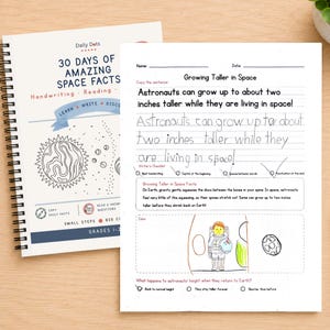 May include: A spiral-bound workbook titled 30 Days of Amazing Space Facts with a worksheet titled Growing Taller in Space. The worksheet features a sentence about astronauts growing two inches taller, a writer's checklist, and a colored astronaut drawing.