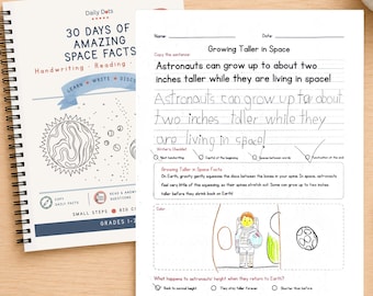 Könnte beinhalten: Ein spiralgebundenes Arbeitsheft mit dem Titel 30 Days of Amazing Space Facts und einem Arbeitsblatt namens Growing Taller in Space. Das Blatt enthält einen Satz über Astronauten, die zwei Zoll wachsen, eine Checkliste und eine bunte Zeichnung.