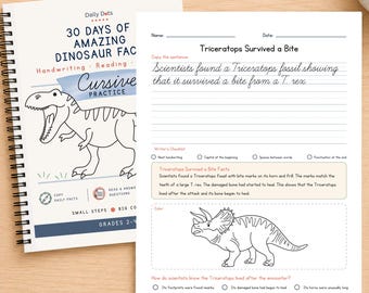 Könnte beinhalten: Ein spiralgebundenes Arbeitsheft mit dem Titel 30 Days of Amazing Dinosaur Facts mit einer T. rex-Illustration und ein separates Arbeitsblatt mit dem Titel Triceratops Survived a Bite mit Schreibschriftübungen, Infobox und Triceratops-Zeichnung.