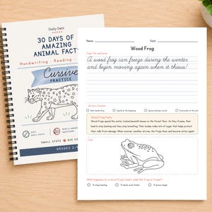 Puede incluir: Un cuaderno de espiral titulado 30 Days of Amazing Animal Facts con una página de práctica de caligrafía sobre la rana de bosque. La página incluye una frase para copiar, una lista de verificación, datos, una ilustración y una pregunta.