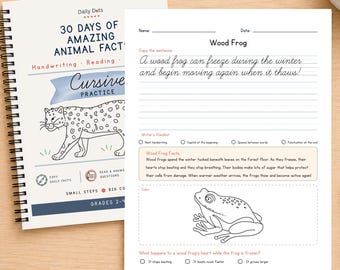 Könnte beinhalten: Ein spiralgebundenes Arbeitsheft mit dem Titel 30 Days of Amazing Animal Facts mit einer Schreibübungsseite über den Waldfrosch. Die Seite enthält einen Satz zum Abschreiben, eine Checkliste, Fakten, eine Frosch-Illustration und eine Multiple-Choice-Frage.
