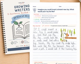 Könnte beinhalten: Ein spiralgebundenes Arbeitsheft mit dem Titel Growing Writers 5-Sentence Guided Journal und einem Schreibblatt mit der Aufforderung Imagine you could invent a brand-new toy. Das Blatt enthält eine Vogelzeichnung und Linien.
