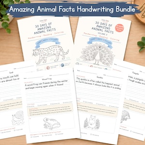May include: A collection of educational handwriting worksheets titled Amazing Animal Facts Handwriting Bundle, featuring 30 Days of Amazing Animal Facts and Volume 2. The pages include animal illustrations, reading passages, and writing practice lines.
