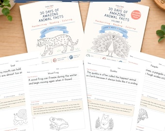 Könnte beinhalten: Eine Sammlung von pädagogischen Arbeitsblättern mit dem Titel Amazing Animal Facts Handwriting Bundle, bestehend aus 30 Days of Amazing Animal Facts und Volume 2. Die Seiten enthalten Tierillustrationen, Lesetexte und Schreiblinien.
