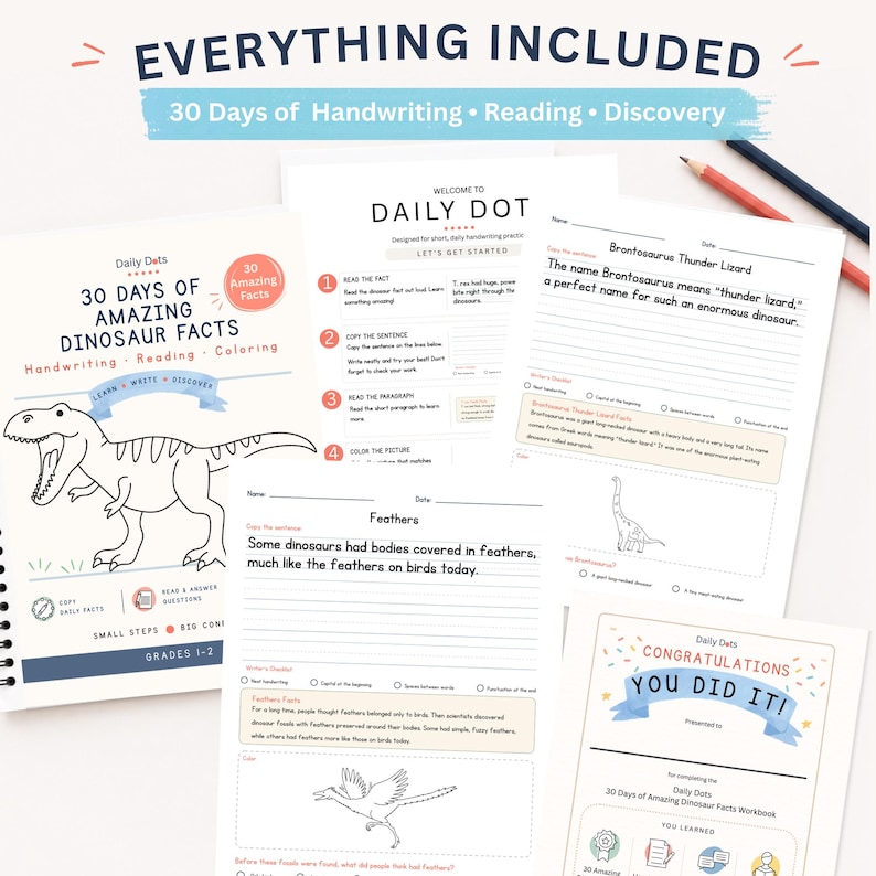 May include: A 30-day dinosaur facts workbook featuring handwriting, reading, and coloring activities. The cover displays a dinosaur illustration and the text 30 Days of Amazing Dinosaur Facts. Included are practice sheets with dinosaur-themed writing prompts.