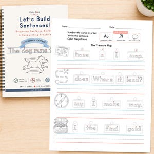 May include: A spiral-bound workbook titled Let's Build Sentences with a dog illustration and a separate worksheet titled The Treasure Map featuring sentence-building exercises, handwriting practice lines, and black-and-white line art graphics.