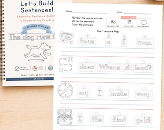 Könnte beinhalten: Ein spiralgebundenes Arbeitsheft mit dem Titel Let's Build Sentences mit einer Hundeillustration und ein separates Arbeitsblatt mit dem Titel The Treasure Map mit Satzbauübungen, Schreiblinien und schwarz-weißen Strichzeichnungen.