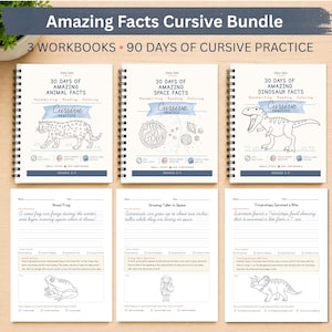May include: A bundle of three spiral-bound workbooks titled Amazing Facts Cursive Bundle, featuring 90 days of practice. The covers show animal, space, and dinosaur themes with handwriting, reading, and coloring sections for grades 2-4.