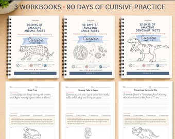 Könnte beinhalten: Ein Set aus drei spiralgebundenen Arbeitsheften mit dem Titel Amazing Facts Cursive Bundle, das 90 Tage Übung bietet. Die Einbände zeigen Tier-, Weltraum- und Dinosaurier-Themen mit Schreib-, Lese- und Malübungen für die Klassen 2-4.
