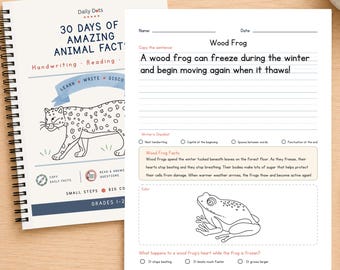 Könnte beinhalten: Ein spiralgebundenes Arbeitsheft mit dem Titel 30 Days of Amazing Animal Facts und einer Leoparden-Illustration, zusammen mit einem Arbeitsblatt über Waldfrösche mit Schreibübungszeilen, einem Infokasten und einem Ausmalbild.