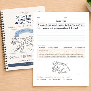 Puede incluir: Un cuaderno educativo de espiral titulado 30 Days of Amazing Animal Facts con una ilustración de leopardo y una hoja suelta sobre ranas de bosque con líneas de caligrafía, un cuadro de datos, una sección para colorear y una pregunta.