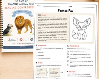 Könnte beinhalten: Ein spiralgebundenes Arbeitsheft mit dem Titel 30 Days of Amazing Animal Facts Reading Comprehension Grade 2 neben einem Arbeitsblatt über den Wüstenfuchs mit einer schwarz-weißen Strichzeichnung, Lesetexten und Verständnisfragen.
