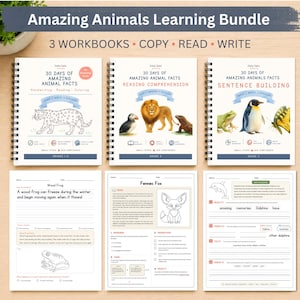 Può includere: Tre quaderni a spirale intitolati Amazing Animals Learning Bundle, che offrono 30 giorni di fatti sugli animali per calligrafia, comprensione del testo e costruzione di frasi, con illustrazioni di un leopardo, un leone e un pinguino.