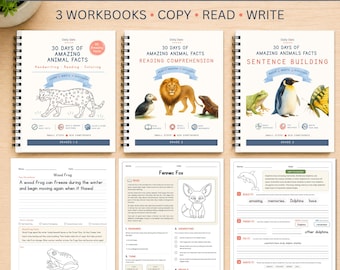 Könnte beinhalten: Drei spiralgebundene Arbeitshefte mit dem Titel Amazing Animals Learning Bundle, die 30 Tage voller Tierfakten für Handschrift, Leseverständnis und Satzbau bieten, inklusive Illustrationen von einem Leoparden, einem Löwen und einem Pinguin.