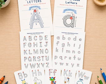 Könnte beinhalten: Zwei Handschriften-Übungshefte mit den Titeln Uppercase Letters und Lowercase Letters, zwei Buchstaben-Referenztabellen und fünf Lernkarten mit Buchstaben sowie Illustrationen von Biene, Pferd, Fuchs, Känguru und Wal mit Buntstiften.