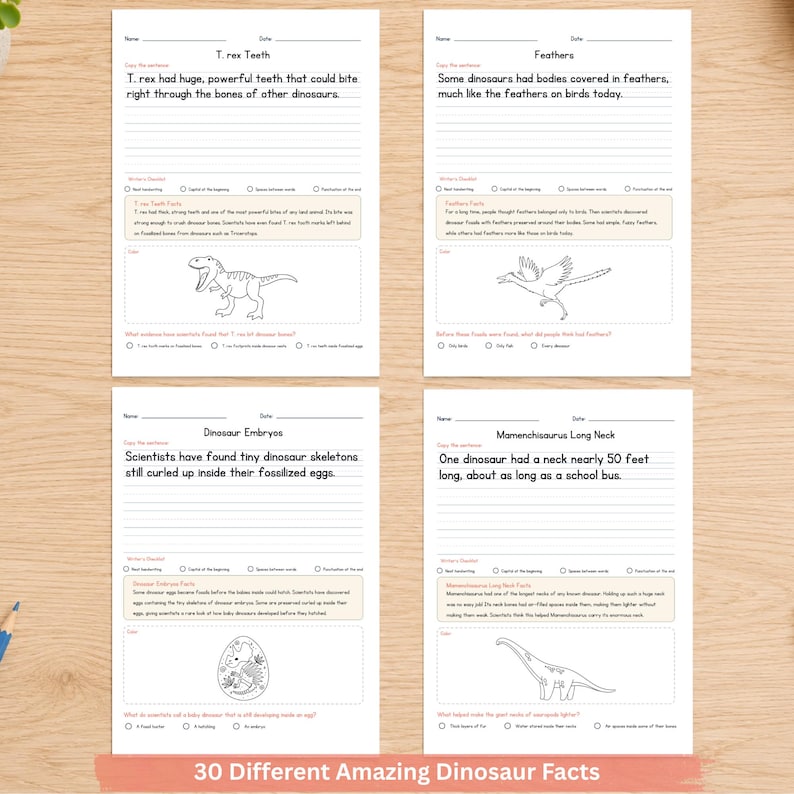May include: Four educational dinosaur-themed worksheets on white paper. Each page features a title, a sentence to copy, a writer's checklist, a fact box, a line-art dinosaur illustration, and a multiple-choice question about T. rex, feathers, embryos, and Mamenchisaurus.
