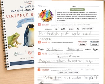 Könnte beinhalten: Ein spiralgebundenes Arbeitsheft mit dem Titel 30 Days of Amazing Animals Sentence Building mit einem Frosch und einem Pinguin auf dem Einband sowie ein ausgefülltes Arbeitsblatt über Kugelfische mit handschriftlichen Sätzen und Zeichnung.