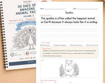 Könnte beinhalten: Ein spiralgebundenes Arbeitsheft mit dem Titel 30 Days of Amazing Animal Facts Volume 2 mit einer Pfauenillustration sowie ein loses Arbeitsblatt über Quokkas mit Schreibübungszeilen, einem Faktenbereich und einem Ausmalbereich.