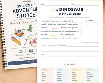Könnte beinhalten: Ein spiralgebundenes Arbeitsheft mit dem Titel 30 Days of Adventure Stories und einer kreativen Schreibaufgabe namens A Dinosaur in My Backpack. Die Seite enthält Lückentexte, ein Feld zum Zeichnen und eine Wortliste für Adjektive, Verben, Adverbien und Nomen.