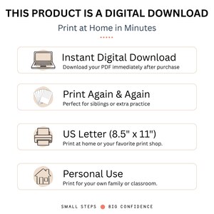May include: An informational graphic stating THIS PRODUCT IS A DIGITAL DOWNLOAD, Print at Home in Minutes. It lists features: Instant Digital Download, Print Again & Again, US Letter (8.5" x 11"), and Personal Use, with icons and the text SMALL STEPS BIG CONFIDENCE.