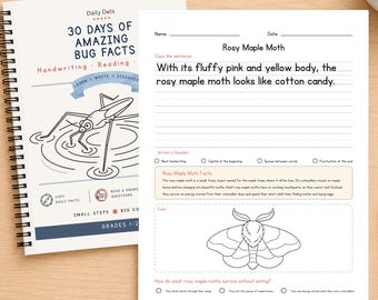 Könnte beinhalten: Ein spiralgebundenes Arbeitsheft mit dem Titel 30 Days of Amazing Bug Facts neben einem Arbeitsblatt über den Rosy Maple Moth. Die Seiten enthalten Schreiblinien, eine Checkliste, informative Texte und Strichzeichnungen von Insekten.