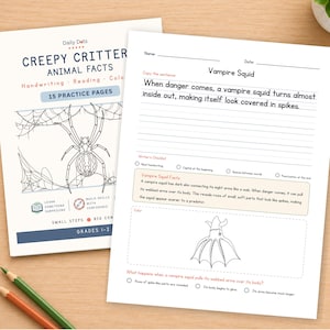May include: A Creepy Critter Animal Facts practice workbook for grades 1-2 featuring a spider illustration on the cover and a worksheet about the vampire squid with handwriting lines, a writer's checklist, facts, and a coloring section.