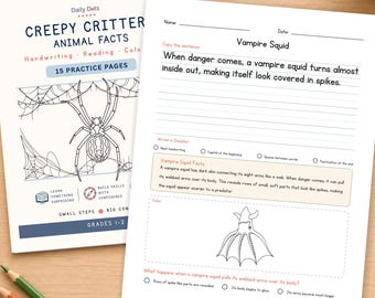 Könnte beinhalten: Ein Creepy Critter Animal Facts Übungsheft für die Klassen 1-2 mit einer Spinnenillustration auf dem Umschlag und einem Arbeitsblatt über den Vampirtintenfisch mit Schreiblinien, einer Checkliste, Fakten und einem Ausmalbereich.