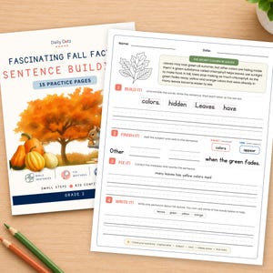 May include: A grade 2 educational worksheet titled Fascinating Fall Fact Sentence Builder featuring a cover page with an orange autumn tree and pumpkins, and an interior page with writing exercises about leaf colours and chlorophyll.