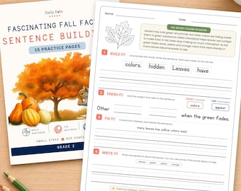 Könnte beinhalten: Ein Arbeitsblatt für die zweite Klasse mit dem Titel Fascinating Fall Fact Sentence Builder, bestehend aus einem Deckblatt mit einem orangefarbenen Herbstbaum und Kürbissen sowie einer Übungsseite über Blattfarben.