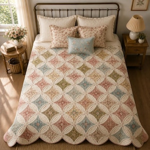 May include: A bed quilt featuring a repeating pattern of cream-colored circles intersecting to form diamond shapes in muted shades of pink, blue, green, and yellow. The quilt has a scalloped edge and is paired with two large cream pillows and three smaller decorative pillows.