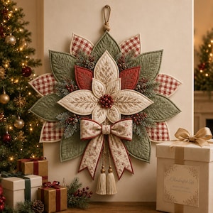 Op de afbeelding: Een gewatteerde stoffen wandhanger in de vorm van een grote kerstster met saliegroene, crèmekleurige en rood geblokte bloemblaadjes. Het midden bevat rode bessen en borduursels, geaccentueerd door een crèmekleurige strik met kwastjes.
