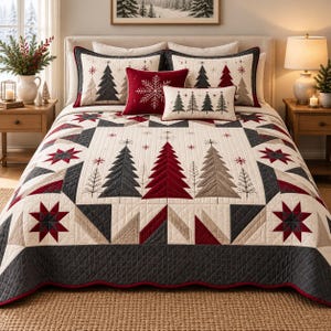 May include: A holiday-themed quilt set featuring a cream-colored base with embroidered red, dark gray, and beige pine trees and star patterns. The set includes two large shams, a rectangular red accent pillow with a white snowflake, and a lumbar pillow.