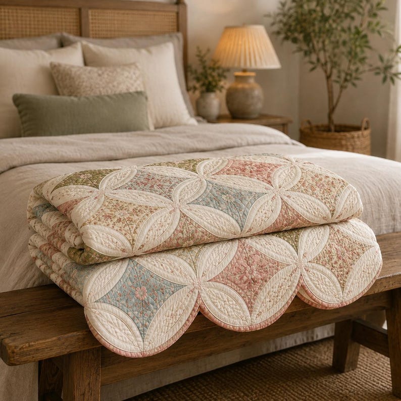 May include: A folded quilt featuring a scalloped edge and a repeating pattern of interlocking circles. The fabric displays a floral print in muted shades of sage green, dusty pink, and soft blue, with cream-colored stitching throughout the design.