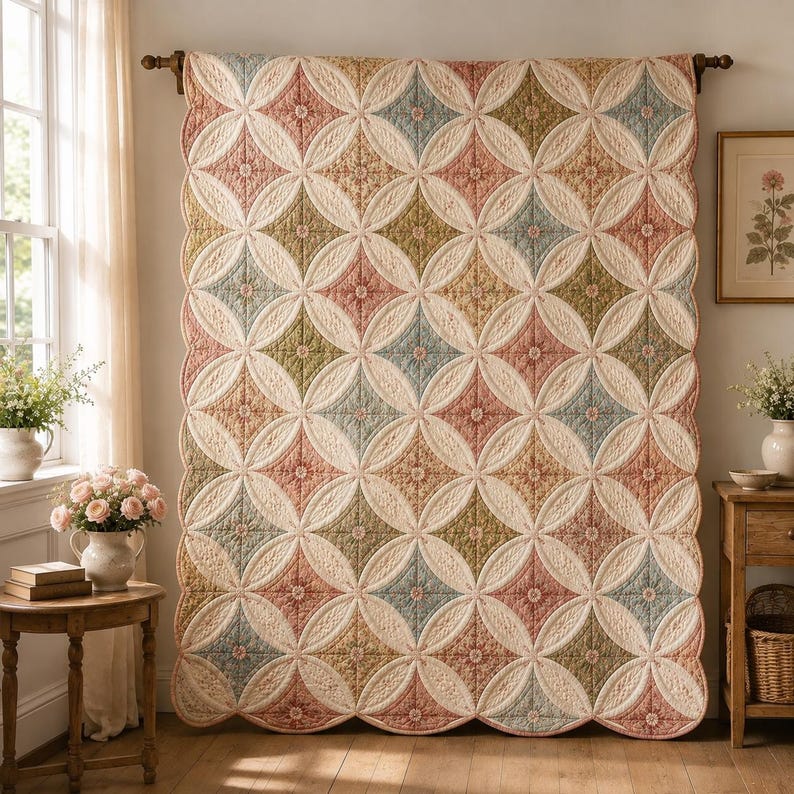 May include: A large rectangular quilt featuring a repeating pattern of cream-colored circles intersecting to form diamond shapes. The diamonds are filled with floral prints in muted shades of dusty pink, sage green, and soft blue, with scalloped edges.