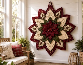 May include: A large, star-shaped fabric wall hanging featuring layered, quilted petals in deep red, forest green, and cream with a subtle leaf pattern. The center is adorned with a cluster of small, round, dark red berries.